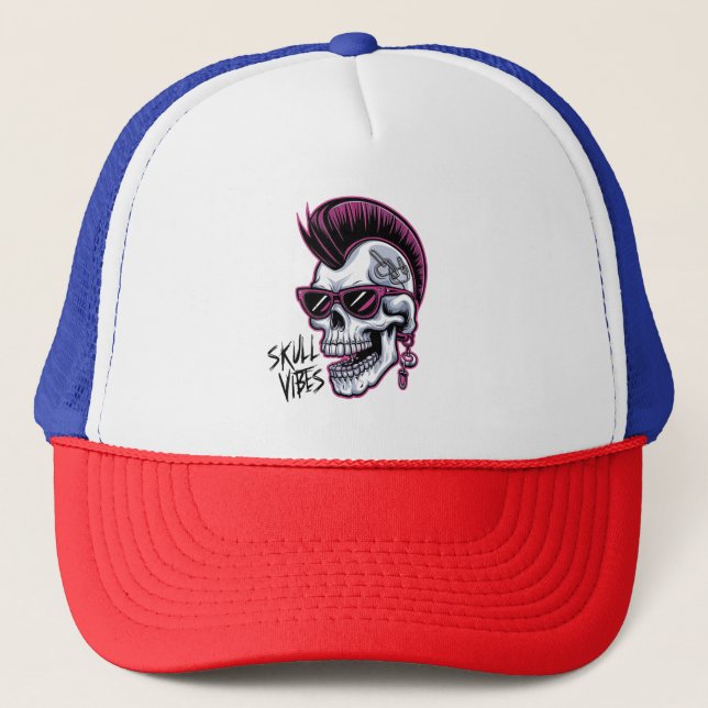 Punk Skull Vibes. Cool Skull with Sunglasses Desi Trucker Hat (Front)