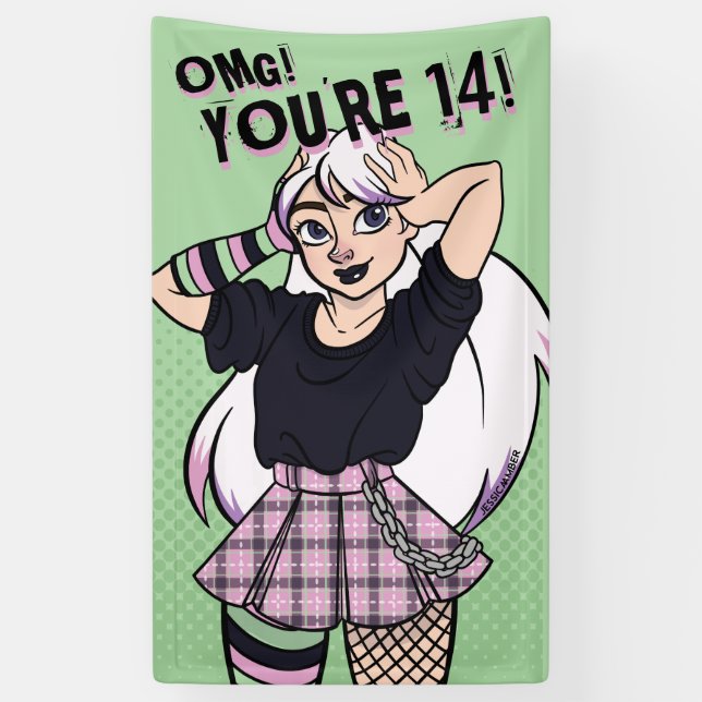 Punk Teen Girl Green Cartoon 16th Birthday Banner (Vertical)