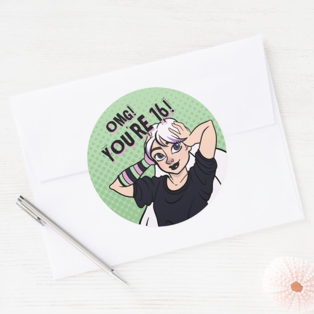 Punk Teen Girl Green Cartoon 16th Birthday Classic Round Sticker (Envelope)