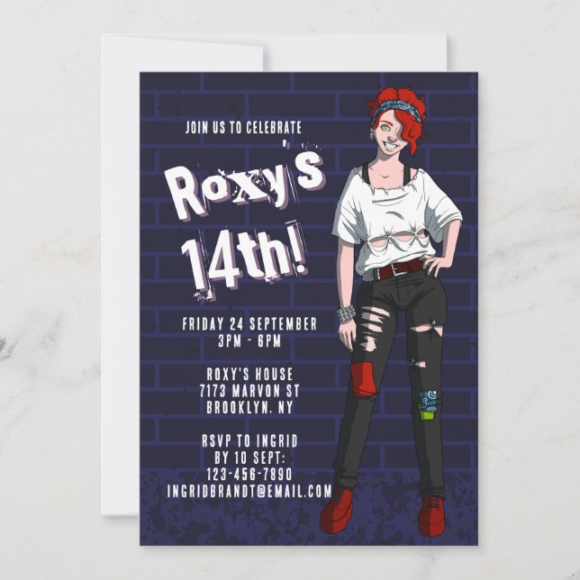Punk Teen Girl Illustration 14th Birthday Invitation (Front)