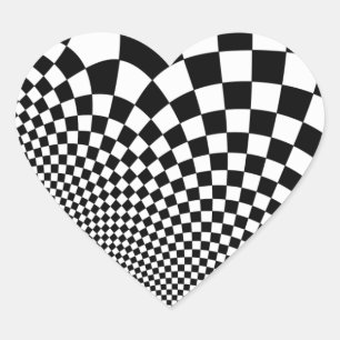 Punk warped retro chequerboard in black and white heart sticker