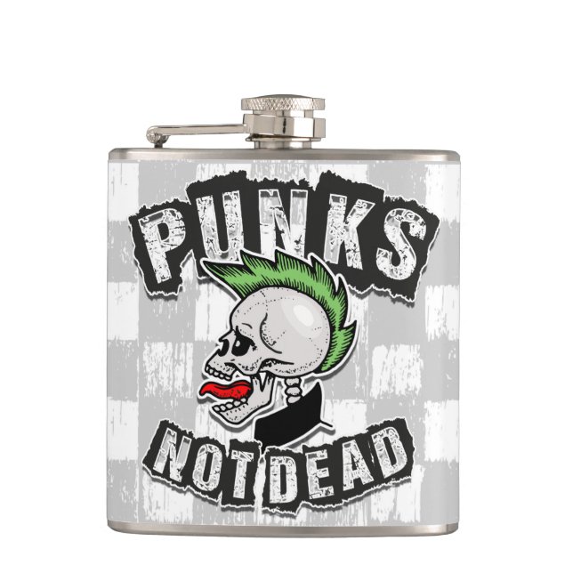 Punks Not Dead Skull Mohawk Punk Rock Rocker Hip Flask (Front)