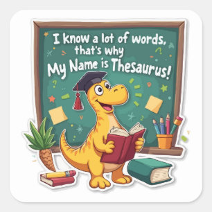 Punny Dinosaur Thesaurus 'Word Wizard'  Square Sticker