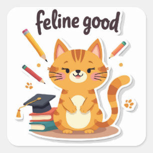 Punny 'Feline Good' Back To School Cat Square Sticker