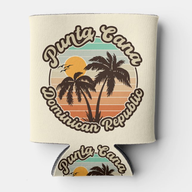 Punta Cana Dominican Palm Tree Retro Sunset 80s Can Cooler (Front)