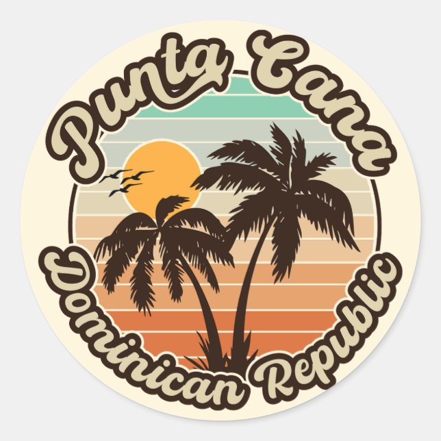 Punta Cana Dominican Palm Tree Retro Sunset 80s Classic Round Sticker (Front)