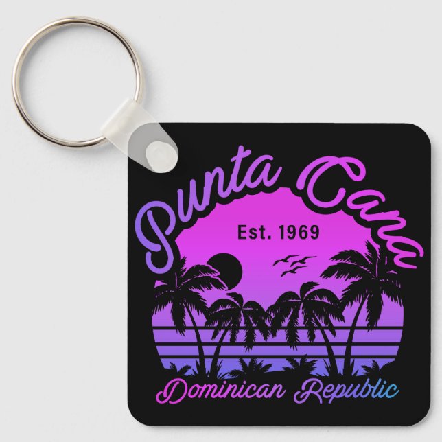 Punta Cana Dominican Palm Tree Retro Sunset 80s Key Ring (Front)