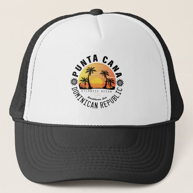 Punta Cana Dominican Retro Sunset Souvenir 60s Trucker Hat (Front)