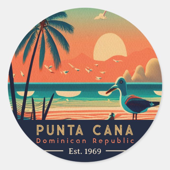 Punta Cana DR Retro Sunset Souvenirs 1960s Classic Round Sticker (Front)