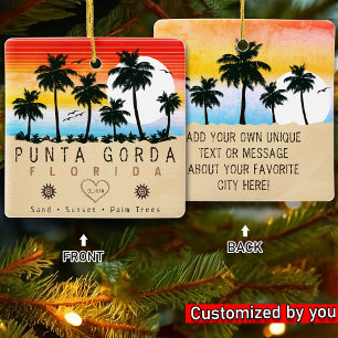 Punta Gorda Florida Retro Sunset Palm tree 1960s Ceramic Ornament