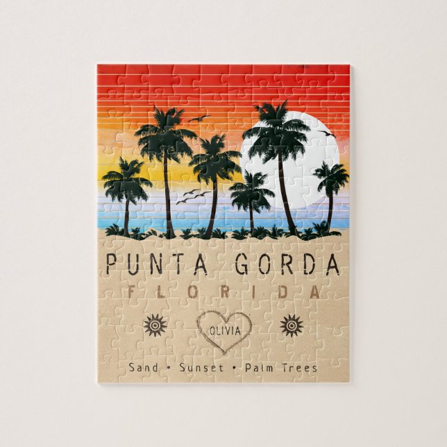 Punta Gorda Florida Retro Sunset Palm tree 1960s Jigsaw Puzzle (Vertical)