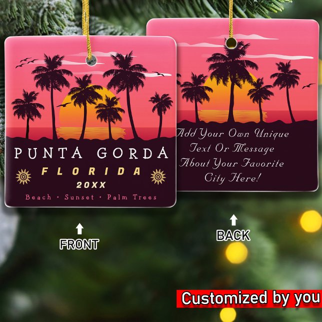 Punta Gorda Florida Retro Sunset Palm tree 1980s Ceramic Ornament (Creator Uploaded)