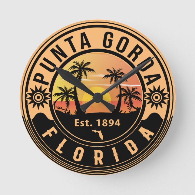 Punta Gorda Florida Retro Sunset Souvenirs 60s Round Clock (Front)