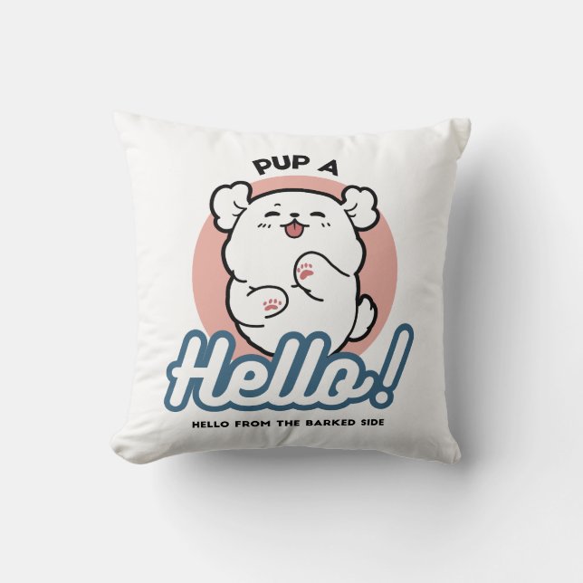 Pup a Hello! – Happy White Dog Cartoon Design Cushion (Front)
