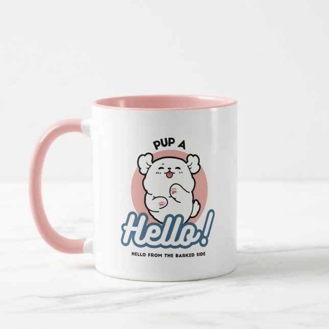 Pup a Hello! – Happy White Dog Cartoon Design Mug (Left)