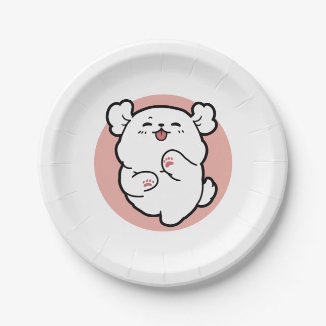 Pup a Hello! – Happy White Dog Cartoon Design Paper Plate (Front)