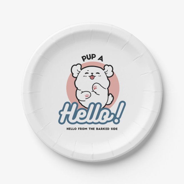 Pup a Hello! – Happy White Dog Cartoon Design Paper Plate (Front)