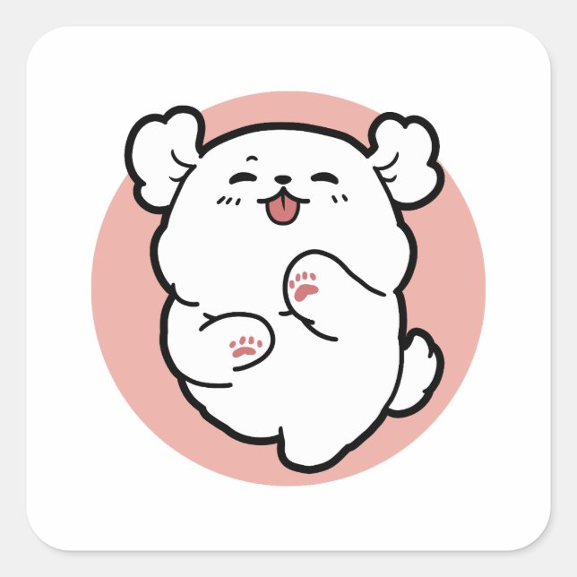 Pup a Hello! – Happy White Dog Cartoon Design Square Sticker (Front)