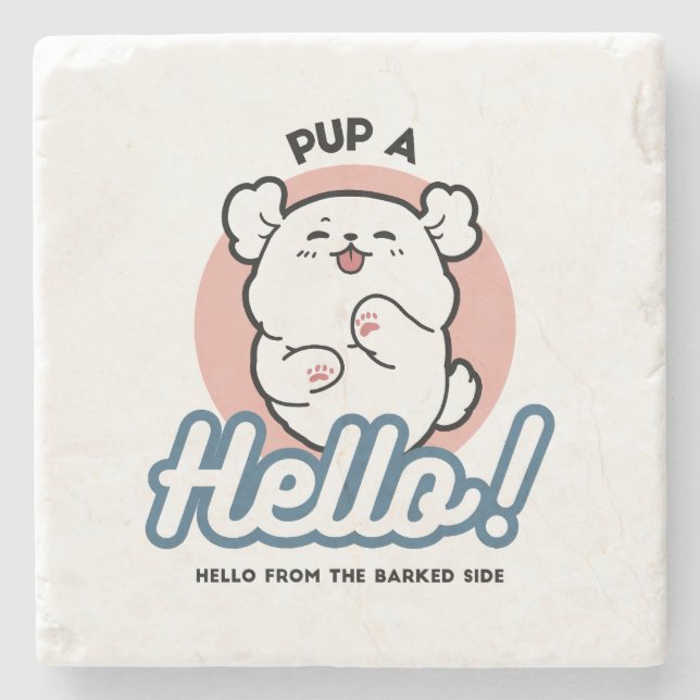 Pup a Hello! – Happy White Dog Cartoon Design Stone Coaster (Front)