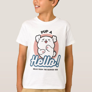 Pup a Hello! – Happy White Dog Cartoon Design T-Shirt