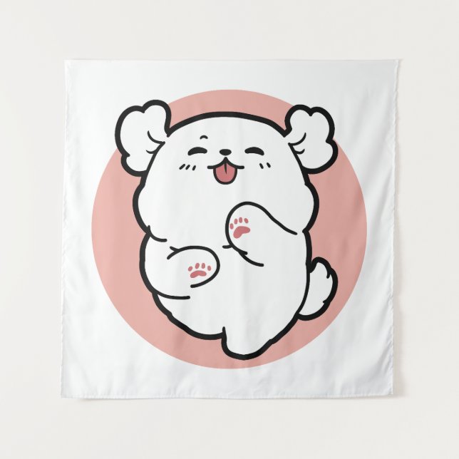 Pup a Hello! – Happy White Dog Cartoon Design Tapestry (Front)