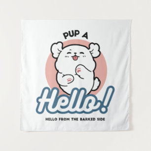 Pup a Hello! – Happy White Dog Cartoon Design Tapestry