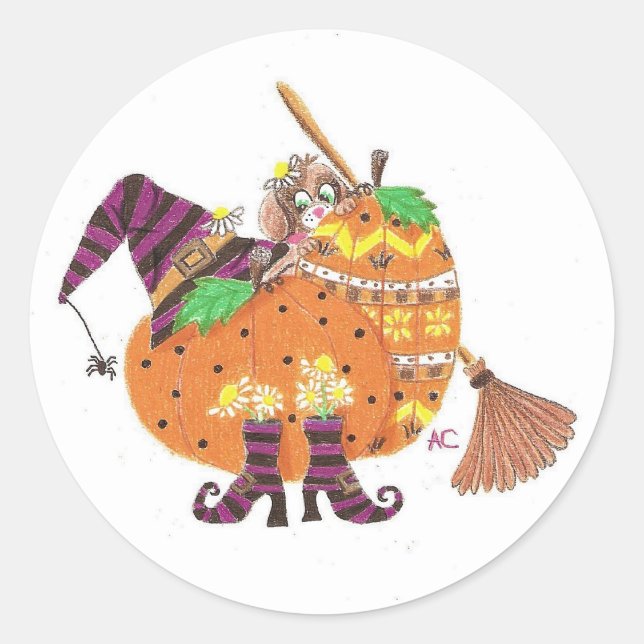 Pup behind pumpkins Halloween white stickers (Front)