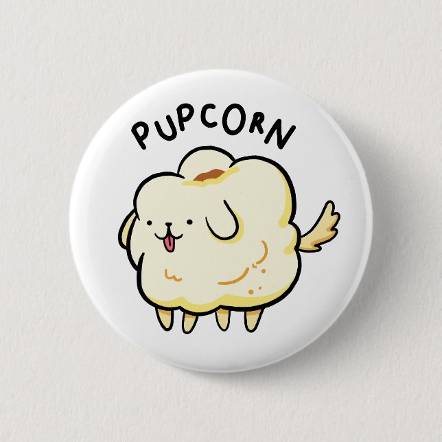 Pup-corn Popcorn Puppy Dog Pun Button Pin (Front)
