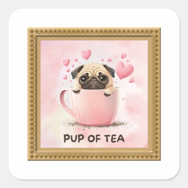 Pup of Tea Pun Square Sticker (Front)