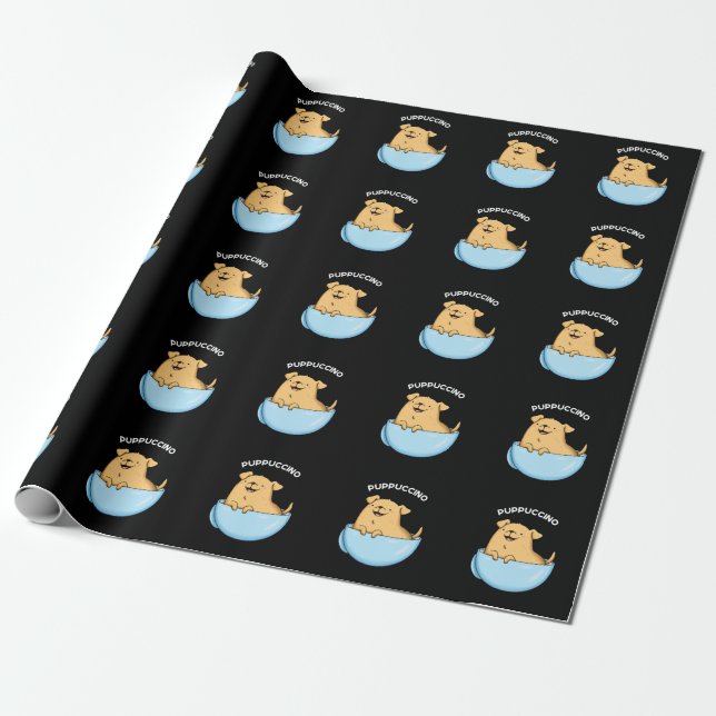 Pup-puccino Funny Doggy Cappuccino Pun Dark BG Wrapping Paper (Unrolled)