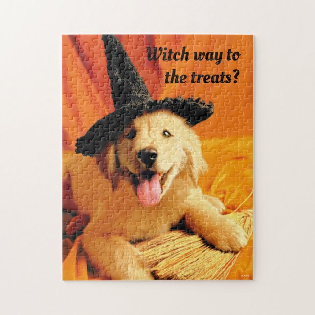 Pup With Witch Hat and Broom Jigsaw Puzzle (Vertical)
