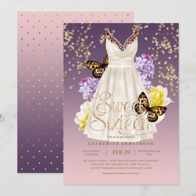 Puple Pink Gold Glitter Dress Roses Sweet Sixteen Invitation (Front/Back)