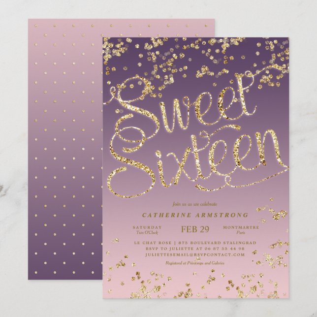 Puple Pink Gold Glitter Sweet Sixteen Invitation (Front/Back)