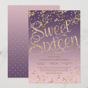 Puple Pink Gold Glitter Sweet Sixteen Invitation