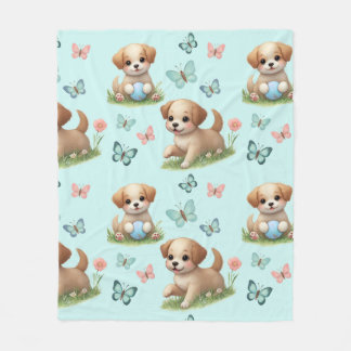 Puppies and Butterflies on Blue Fleece Blanket