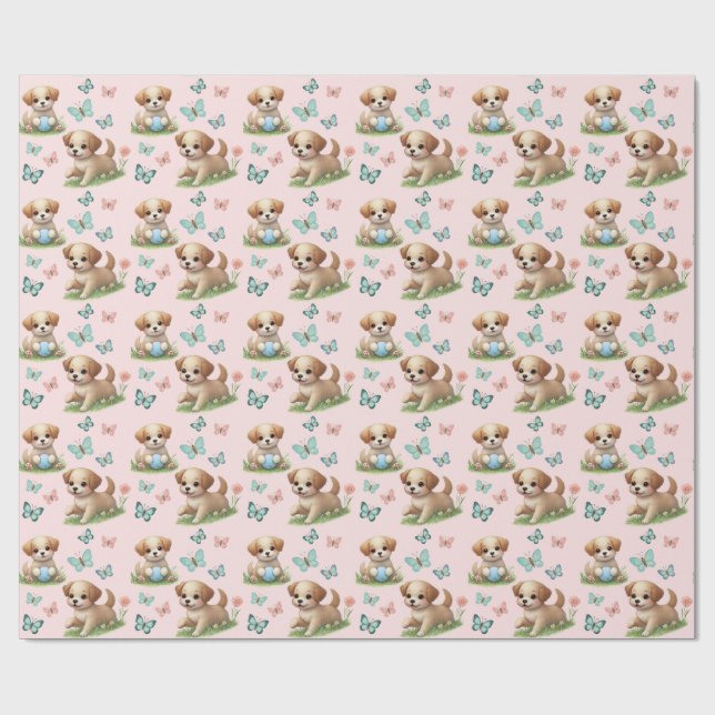 Puppies and Butterflies Pattern Baby Bib Wrapping Paper (Flat)