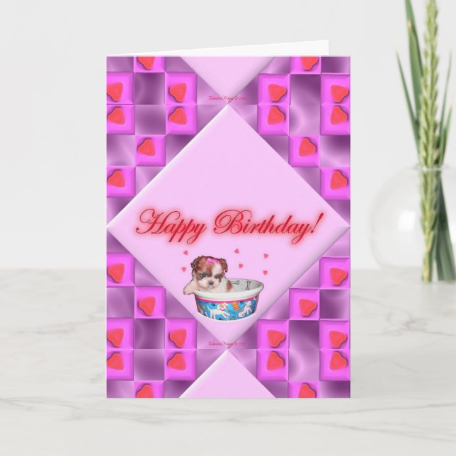 Puppies and Pink Hearts Birthday Card (Front)