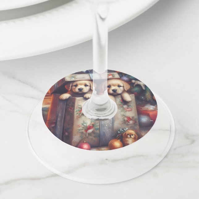 Puppies Christmas Wine Glass Charms & Tags (Close Up)