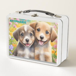 Puppies Cute Dogs in a Meadow Personalised Name    Metal Lunch Box