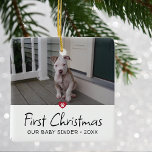 Puppies First Christmas Photo Ceramic Ornament<br><div class="desc">Puppies First Christmas holiday ornament. Design futures your favourite photo,  decorative accent paw print with knock out heart in red and whimsical lettering.</div>