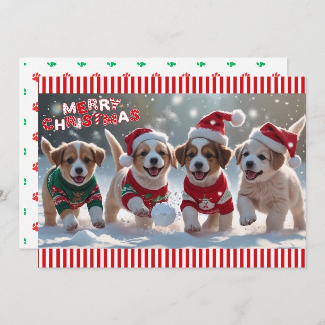 Puppies in Christmas Sweaters & Snow Personalised Holiday Card (Front/Back)