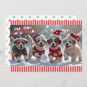 Puppies in Christmas Sweaters & Snow Personalized Holiday Card