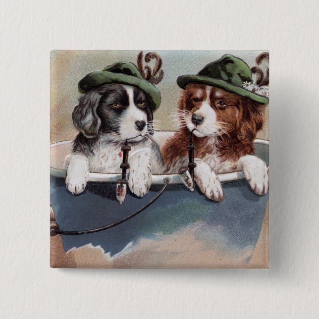 Puppies in Hats with Pipes 15 Cm Square Badge (Front)