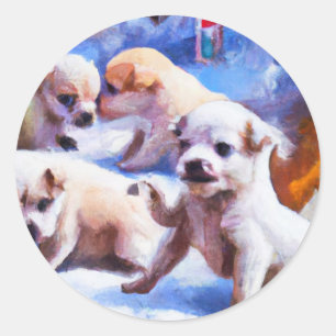 puppies in snow a cute Christmas Classic Round Sticker