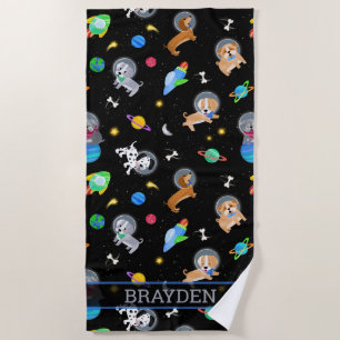 Puppies In Space Watercolor Dog Astronauts Beach Towel