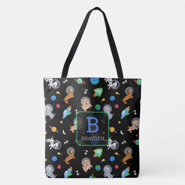 Puppies In Space Watercolor Dog Astronauts Tote Bag (Front)