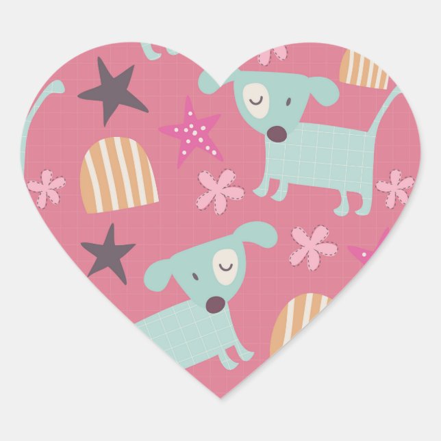 Puppies, Stars, and Flowers Heart Sticker (Front)