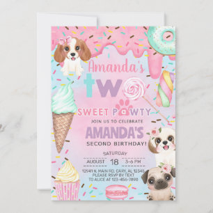 Puppies Sweet Pawty girl second, 2nd birthday. Invitation
