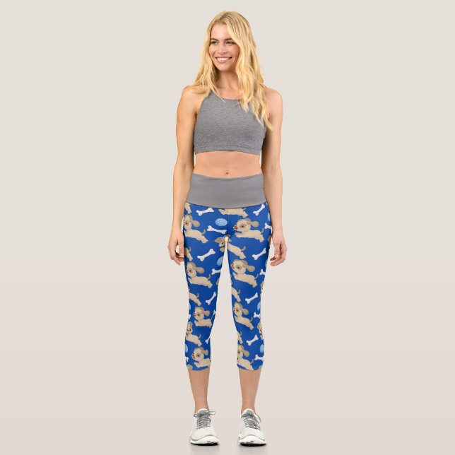 Puppies White Dog Bones Blue Ball Animal Lover Capri Leggings (Front)