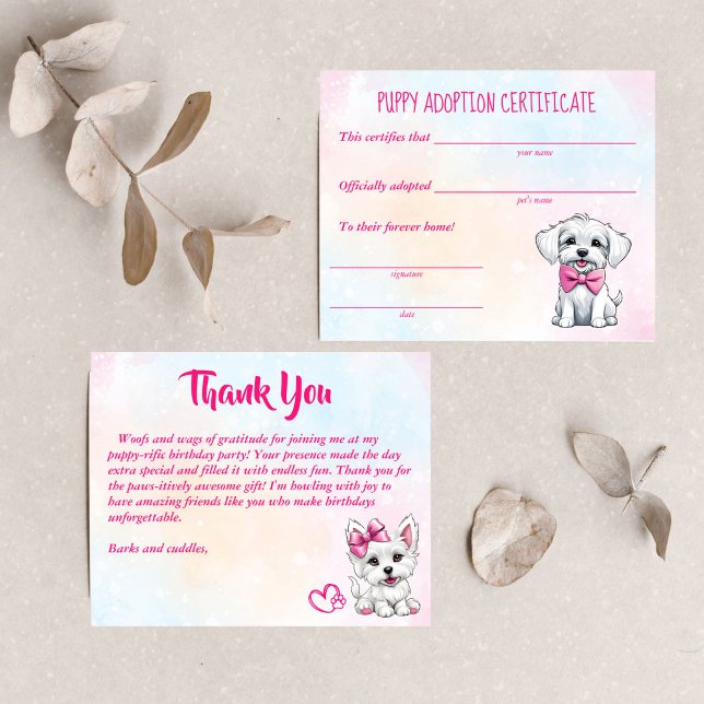 Puppy adoption certificate cute white pink puppies (Puppy adoption certificate cute white pink puppies dog themed birthday party)
